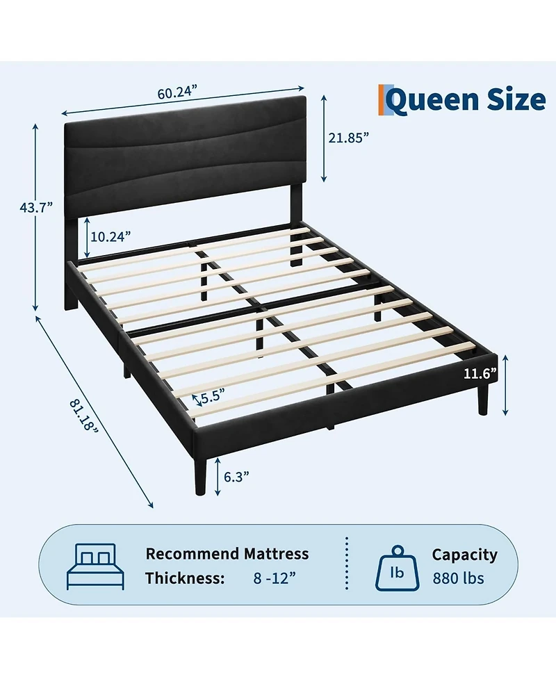 gaomon Queen Size Bed Frame Velvet Upholstered Platform Bed Frame No Box Spring Needed with Under-Bed Storage and Strong Wood Slats Support
