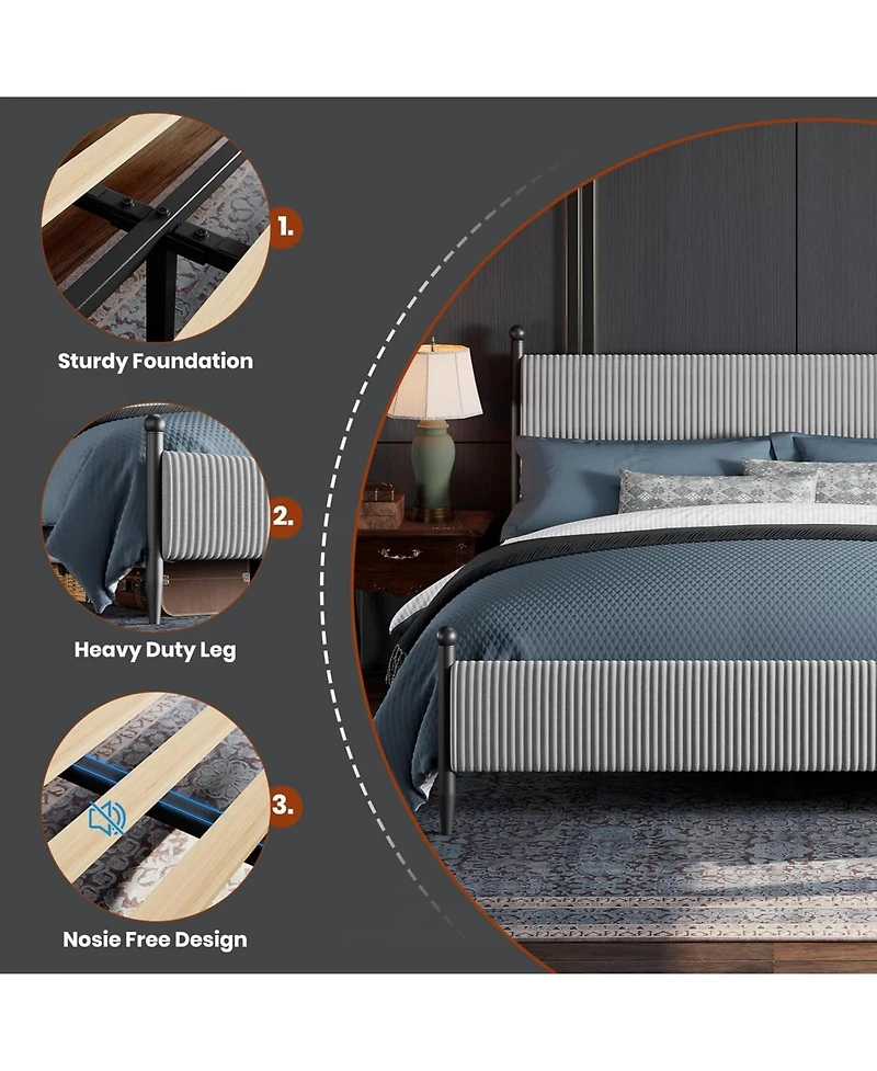 gaomon King Bed Frame with Velvet Upholstered Corduroy Headboard, Wooden Slats Support and Heavy-Duty Platform Design