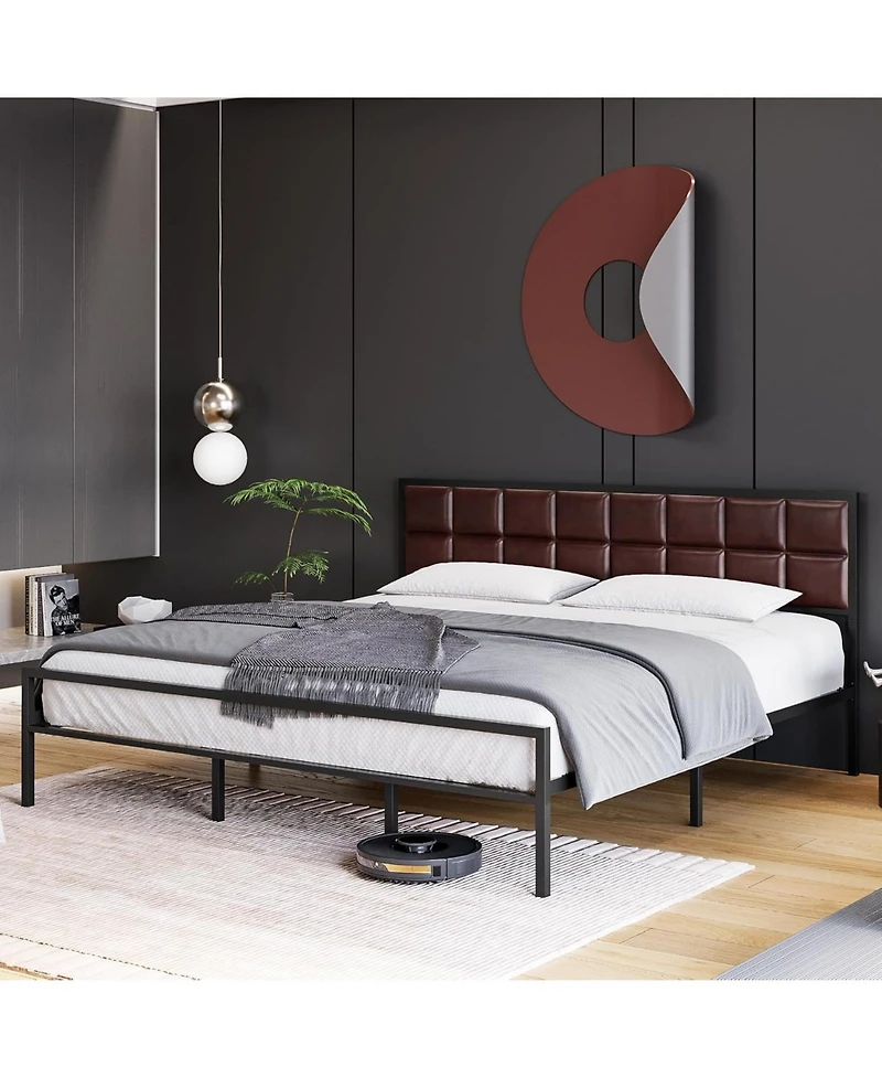gaomon Metal Platform Bed Frame Faux Leather Headboard Strong Slats Support Underbed Storage No Box Spring Apartment Friendly