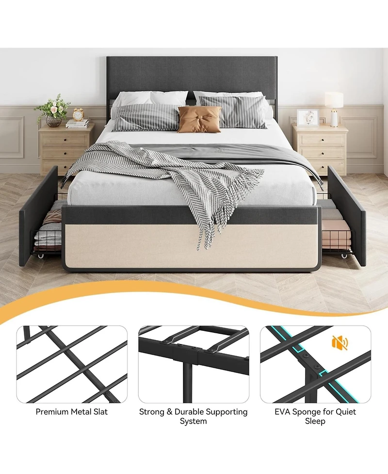 gaomon Upholstered Platform Bed Frame with Adjustable Headboard and 2 Drawers- Steel Slat Support- No Box Spring Needed- Space-Saving