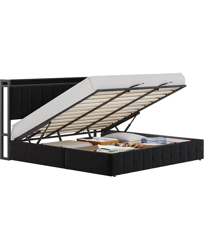 gaomon King Bed Frame Lift-Up Storage Upholstered Velvet Tufted Headboard Metal Frame Wooden Slats No Box Spring