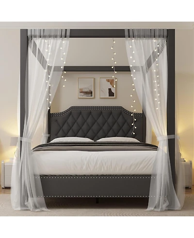 gaomon Upholstered Canopy Bed Frame Queen with headboard, Button Tufted, Nailhead Trim Design, No Box Spring Required