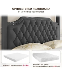 gaomon Upholstered Canopy Bed Frame Queen with headboard, Button Tufted, Nailhead Trim Design, No Box Spring Required