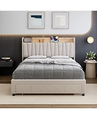 gaomon Storage Headboard Upholstered Platform Drawers Charging Station Noise-Free Easy Assembly No Box