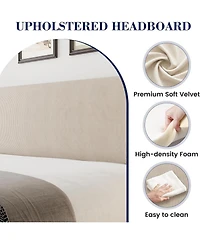 gaomon Wingback Bed Frame Vertical Stripe Velvet Upholstered 2 Storage Pockets Wood Slats Easy Assembly No Box Spring.