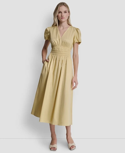 Dkny Petite V-Neck Smocked Waist Midi Dress