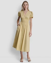 Dkny Petite V-Neck Smocked Waist Midi Dress