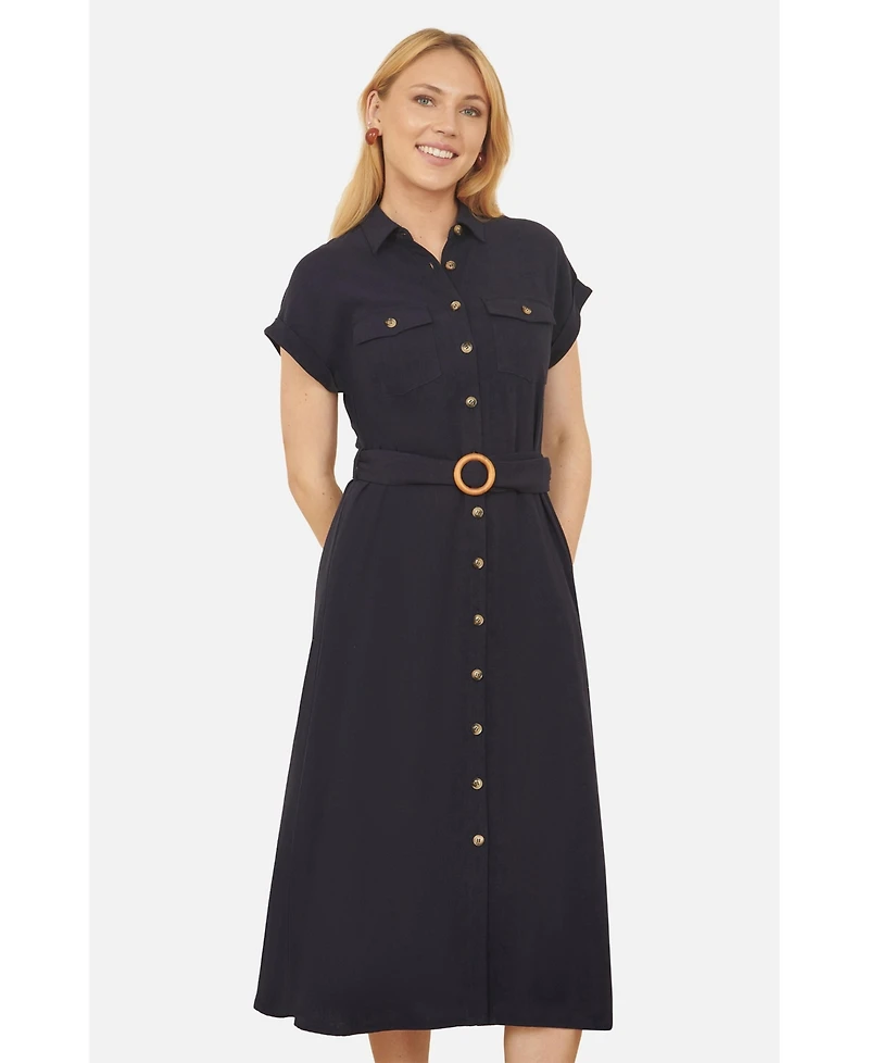 Yumi Women's Linen Look Midi Shirt Dress