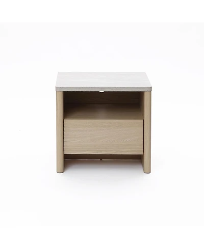 LuxenHome Snowy Oak Nightstand & End Table with Storage, Faux Travertine Top, Durable Manufactured Wood