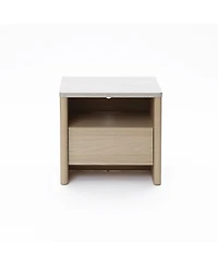LuxenHome Snowy Oak Nightstand & End Table with Storage, Faux Travertine Top, Durable Manufactured Wood