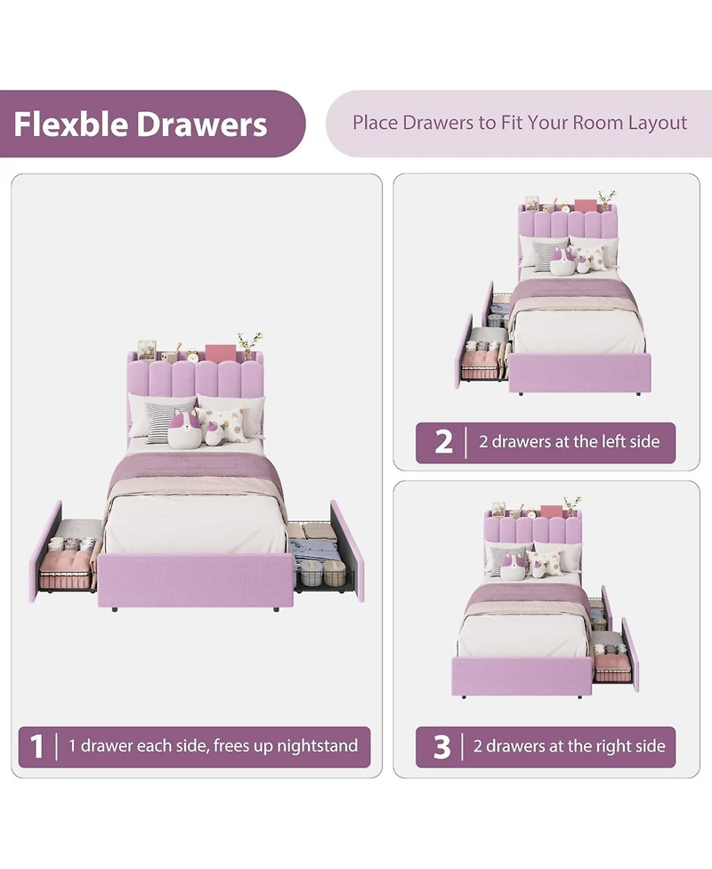 gaomon Upholstered Platform Bed Frame Wavy Headboard Storage Bookcase 2 Drawers No Box Spring.