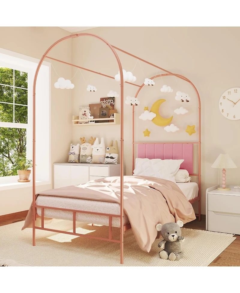 gaomon Twin Canopy Bed Frame Upholstered Headboard Arched Metal Under-Bed Storage Decorative Platform No Box Spring