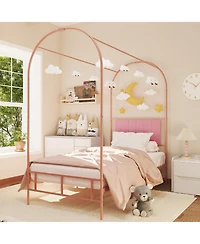 gaomon Twin Canopy Bed Frame Upholstered Headboard Arched Metal Under-Bed Storage Decorative Platform No Box Spring