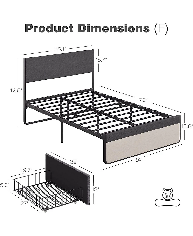 gaomon Upholstered Platform Bed Frame with Adjustable Headboard 2 Drawers Steel Slat Support No Box Spring Needed Space-Saving Design