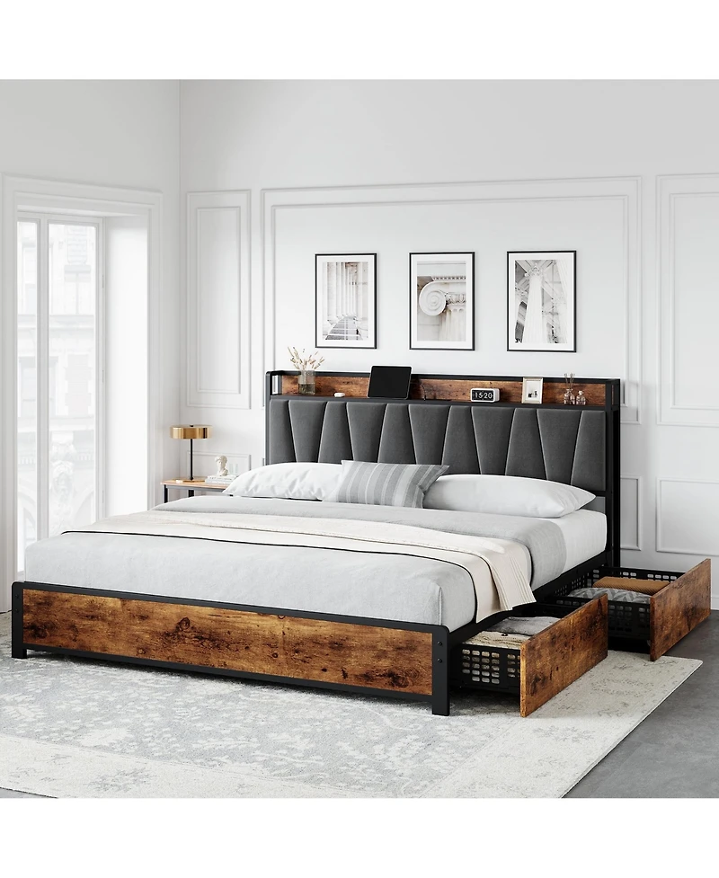 gaomon Linen Upholstered Platform Bed 4 Drawers Charging Station Vintage Headboard Wooden Slats No Box Spring Easy Assembly