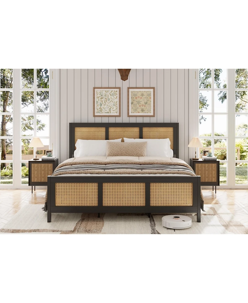 gaomon Rattan Boho Platform Bed Frame with Cane Headboard- Strong Metal Slat Support- Easy Assembly- No Box Spring Needed for Bedroom