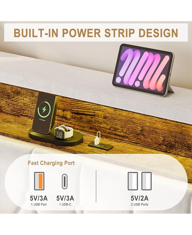 gaomon Bed Frame Button Tufted Upholstered Headboard Charging Station Bookcase Light Noise-free No Box Spring