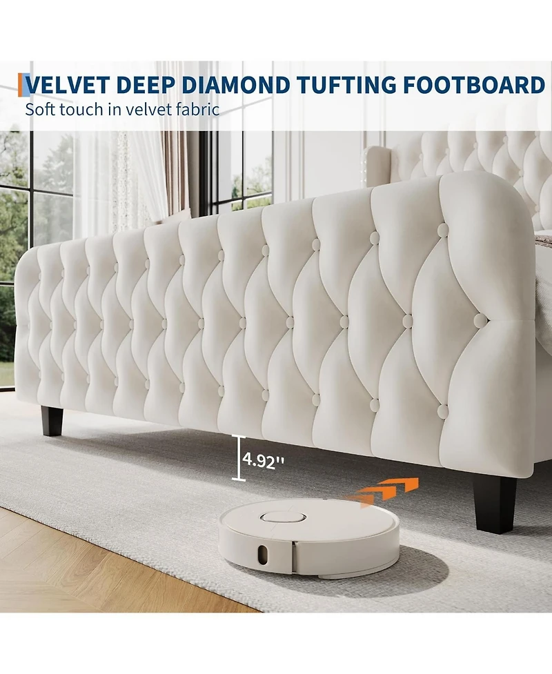 gaomon 51Inch Bed Frame Deep Button Tufted Wingback Headboard Footboard Velvet Upholstered Platform No Box Spring.