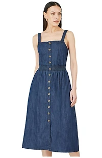 Yumi Women's Chambray Cotton Ruched Midi Sun Dress