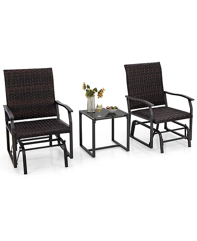 Gymax 3 Pcs Patio Gliding Set Wicker Swing Glider Furniture Set Tempered Glass Coffee Table
