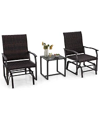 Gymax 3 Pcs Patio Gliding Set Wicker Swing Glider Furniture Set Tempered Glass Coffee Table