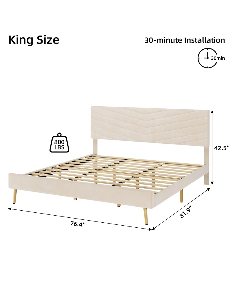 gaomon Bed Frame Velvet Upholstered Platform Adjustable Headboard Solid Wood Slats Support No Box Spring Easy Assembly Noise Free.