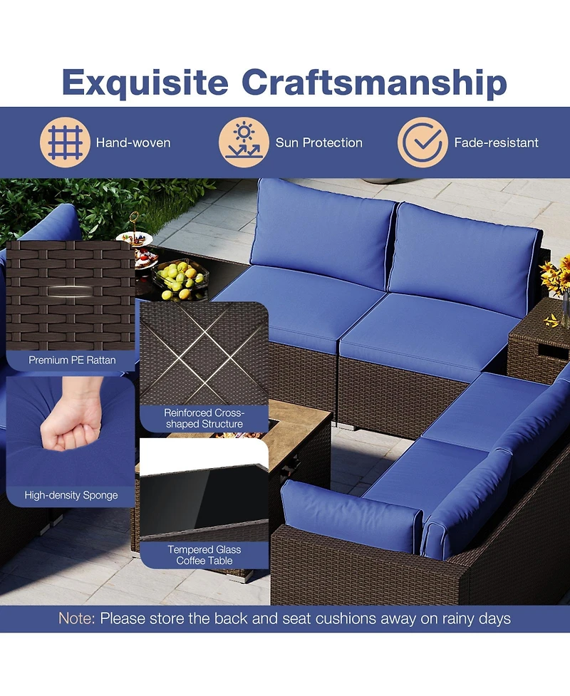 Gymax 12 Pcs Outdoor Patio Wicker Sectional Sofa Set w/ 32'' Propane Fire Pit Table Tank Holder