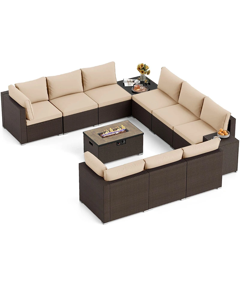 Gymax 12 Pcs Outdoor Patio Wicker Sectional Sofa Set w/ 32'' Propane Fire Pit Table Tank Holder