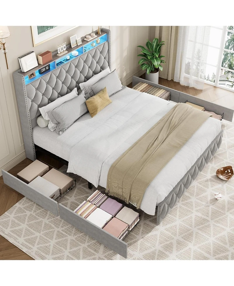 gaomon Pu Leather Upholstered Bed Frame with 4 Storage Drawers, Usb Charging Station & Led Lights