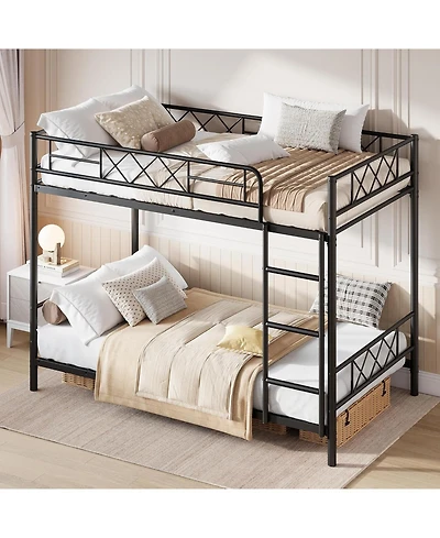Bunk Bed Twin Over with Extra High Guardrail, Heavy Duty Metal Frame & Sturdy Slats, No Box Spring Needed, Space Saver, Gray