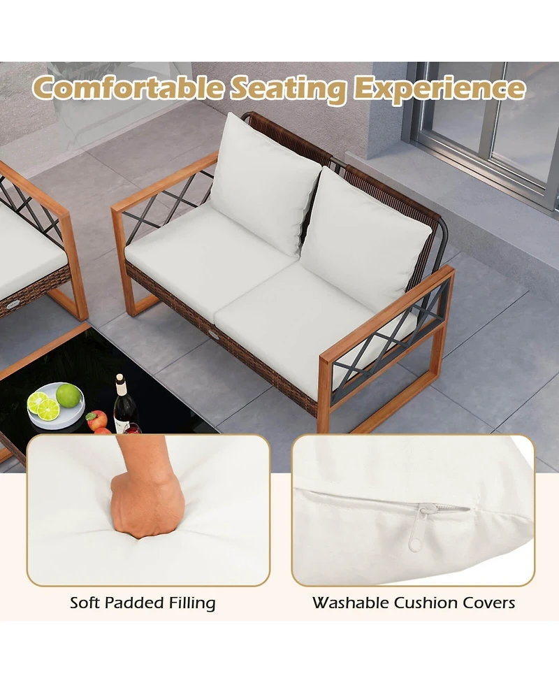 Gymax 5 Pcs Pe Wicker Patio Furniture Set w/Acacia Wood Frame Cushions for Deck Garden