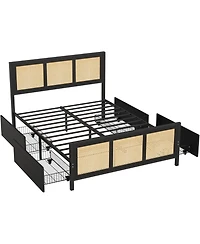 gaomon Rattan Storage Bed- Led Lights 4 Drawers Woven Front Mdf Wood Frame