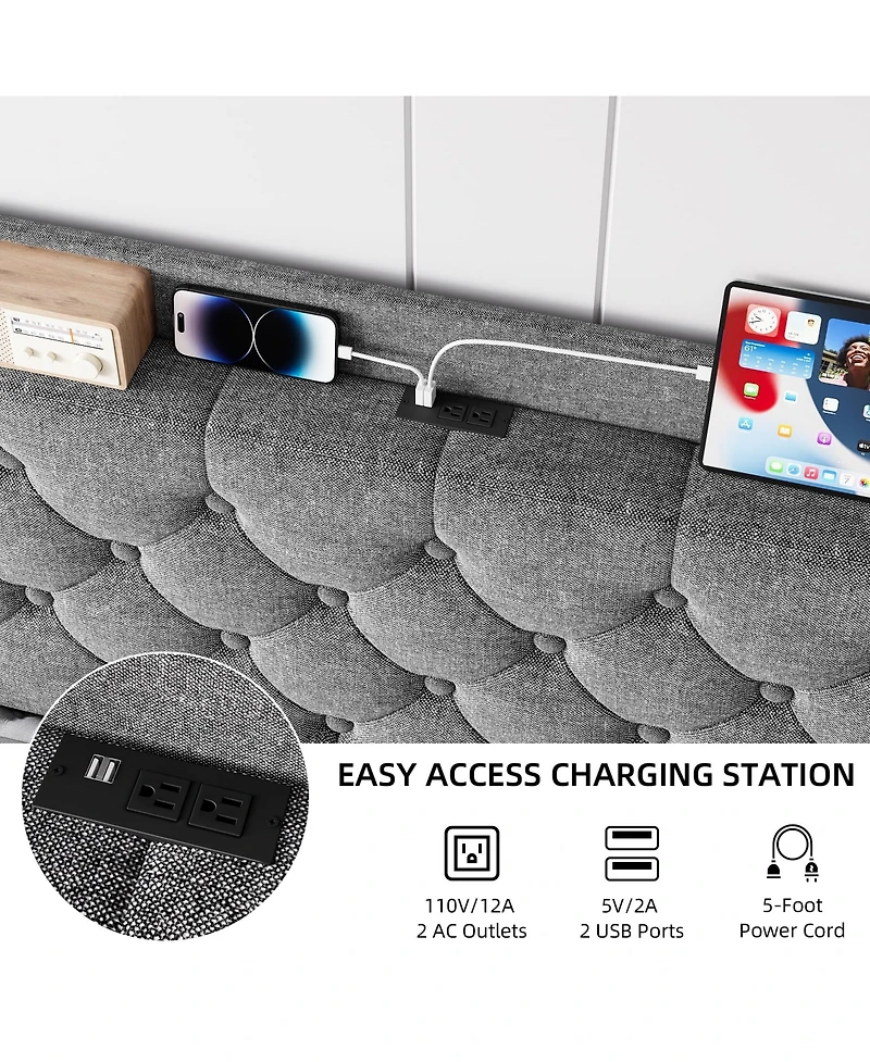 gaomon Upholstered Bed Frame Wingback Headboard Linen Deep Button Tufted Storage Shelf Charging Usb No Noise Box Spring Optional