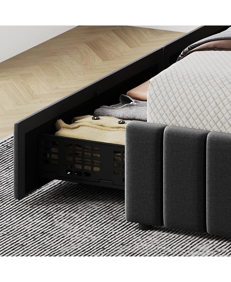 gaomon Upholstered Bed Frame with 4 Storage Drawers- Adjustable Headboard- Wooden Slat Support- No Box Spring Needed