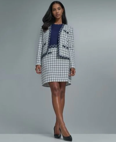 Karl Lagerfeld Paris Womens Open Front Checkered Jacket Crew Neck Knit Top Knee Length A Line Skirt