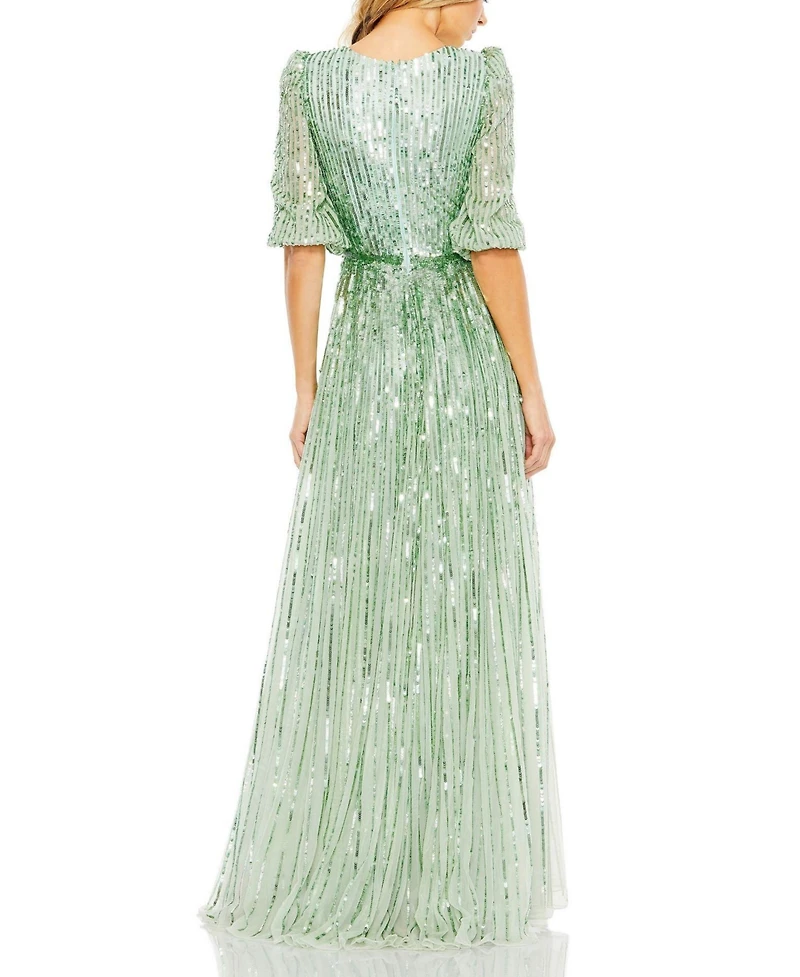 Mac Duggal Women's Sequined Wrap Over 3/4 Sleeve Gown