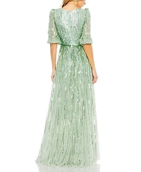 Mac Duggal Women's Sequined Wrap Over 3/4 Sleeve Gown