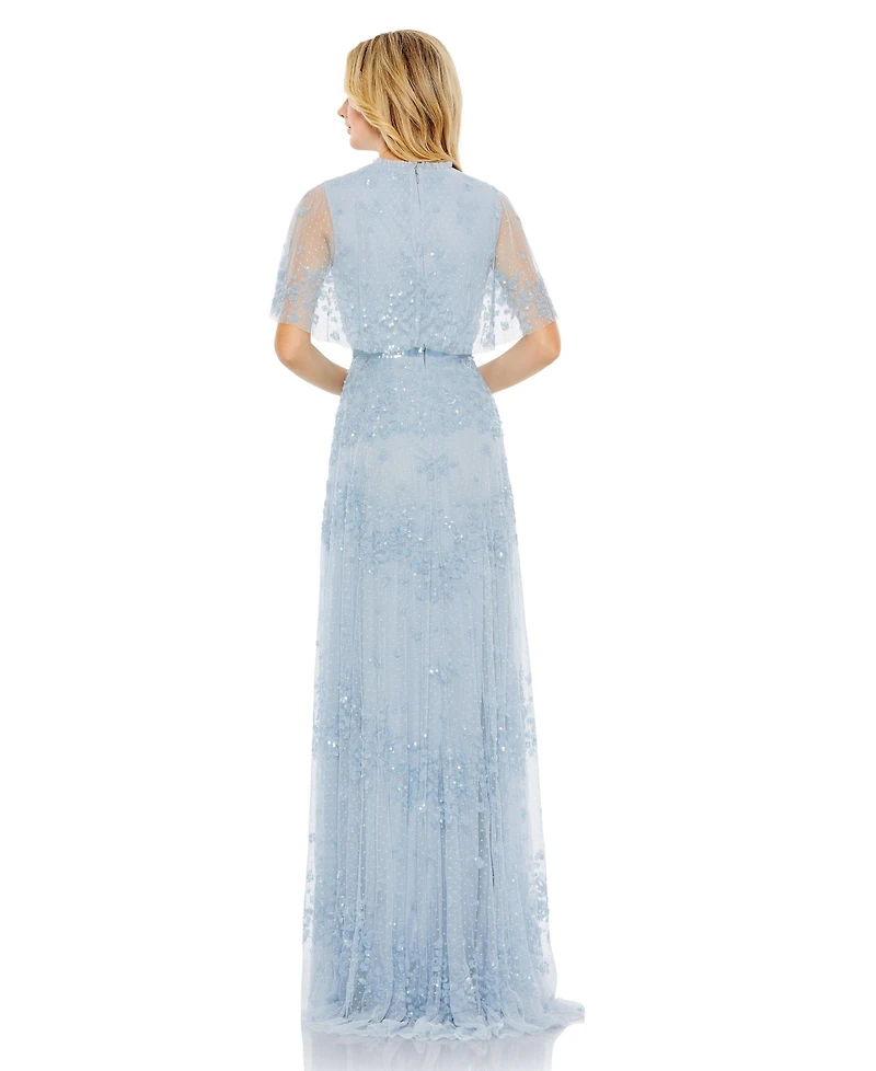 Mac Duggal Women's Sequined High Neck Flutter Sleeve A Line Gown