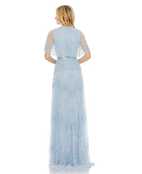 Mac Duggal Women's Sequined High Neck Flutter Sleeve A Line Gown