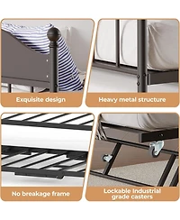 gaomon Daybed With Trundle, Metal Twin Day Bed Stylish Headboard, Sofa BedFrame Pop Up Foldable Trundle Bed, Heavy Duty Steel Slats Platform