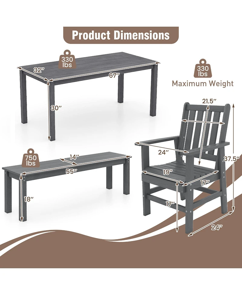 Gymax 6PCS Patio Dining Bench Set Outdoor Hdpe Weather Resistant Table and Chairs Set