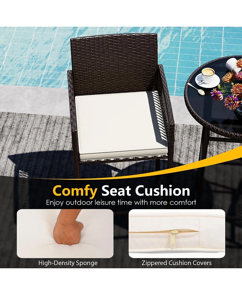 Gymax 3 Piece Wicker Patio Bar Set w/ 2 Seat Cushions Glass Tabletop for Backyard