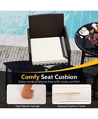 Gymax 3 Piece Wicker Patio Bar Set w/ 2 Seat Cushions Glass Tabletop for Backyard