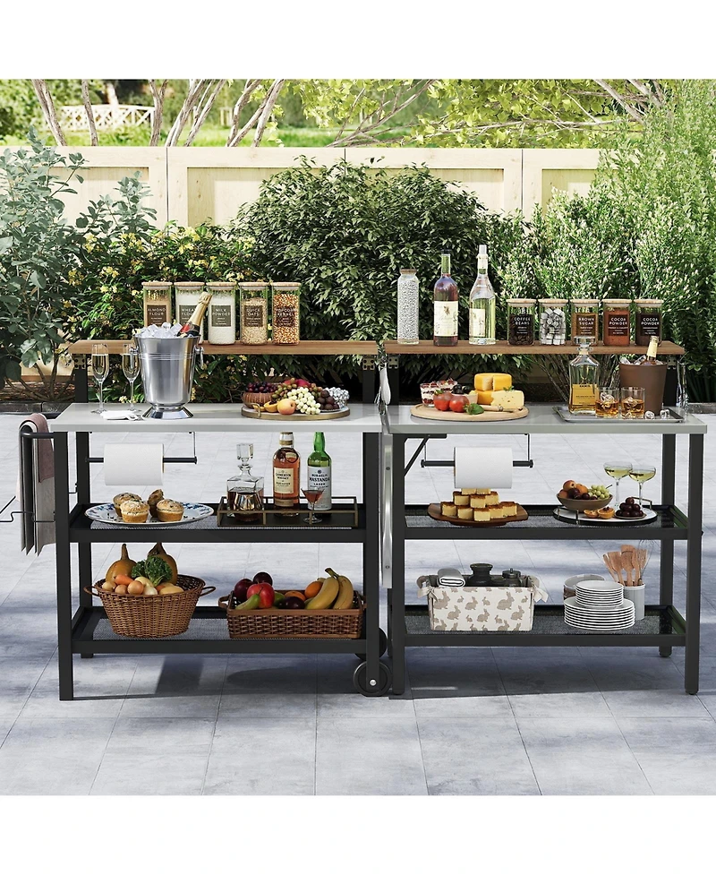 Gymax Patio Bar Table and Rolling Bar Cart w/Flip-Up Top Storage Shelves Removable Hooks