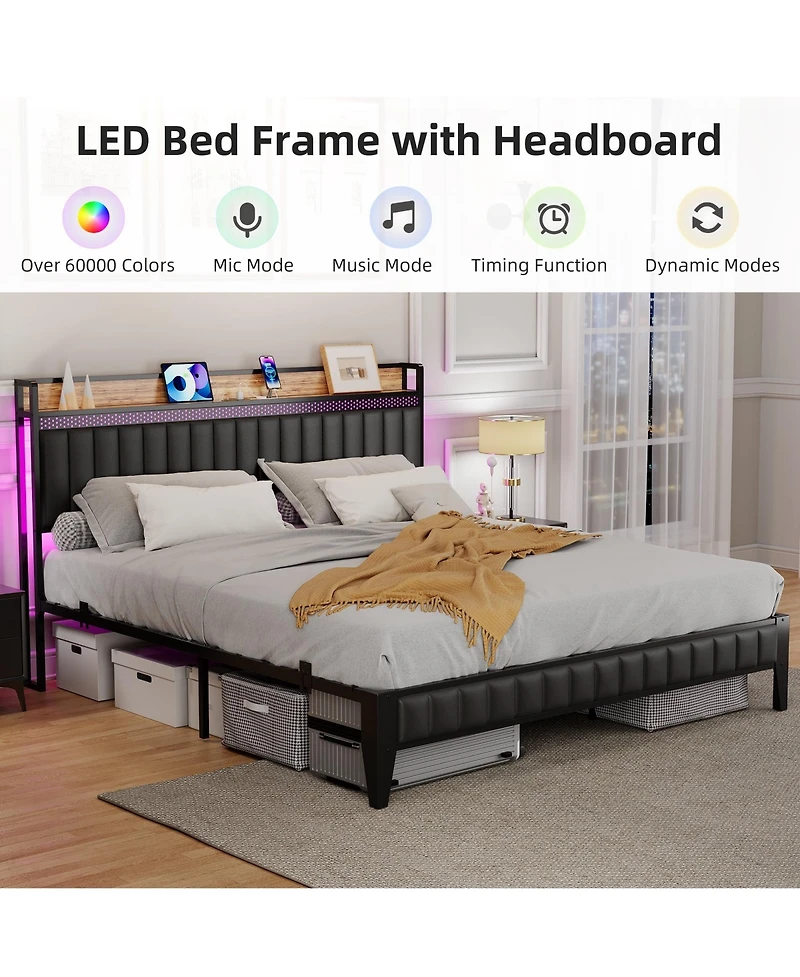 gaomon Queen Bed Frame Led Light Charging Station Upholstered Platform Storage Headboard Metal Slat Easy Assembly Noise Free Black