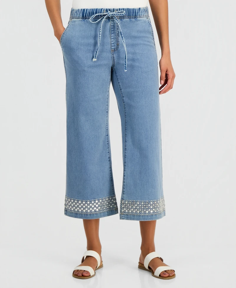 Style & Co Women's Sequined Pull-On High-Rise Cropped Wide Leg Jeans, Macy's Exclusive