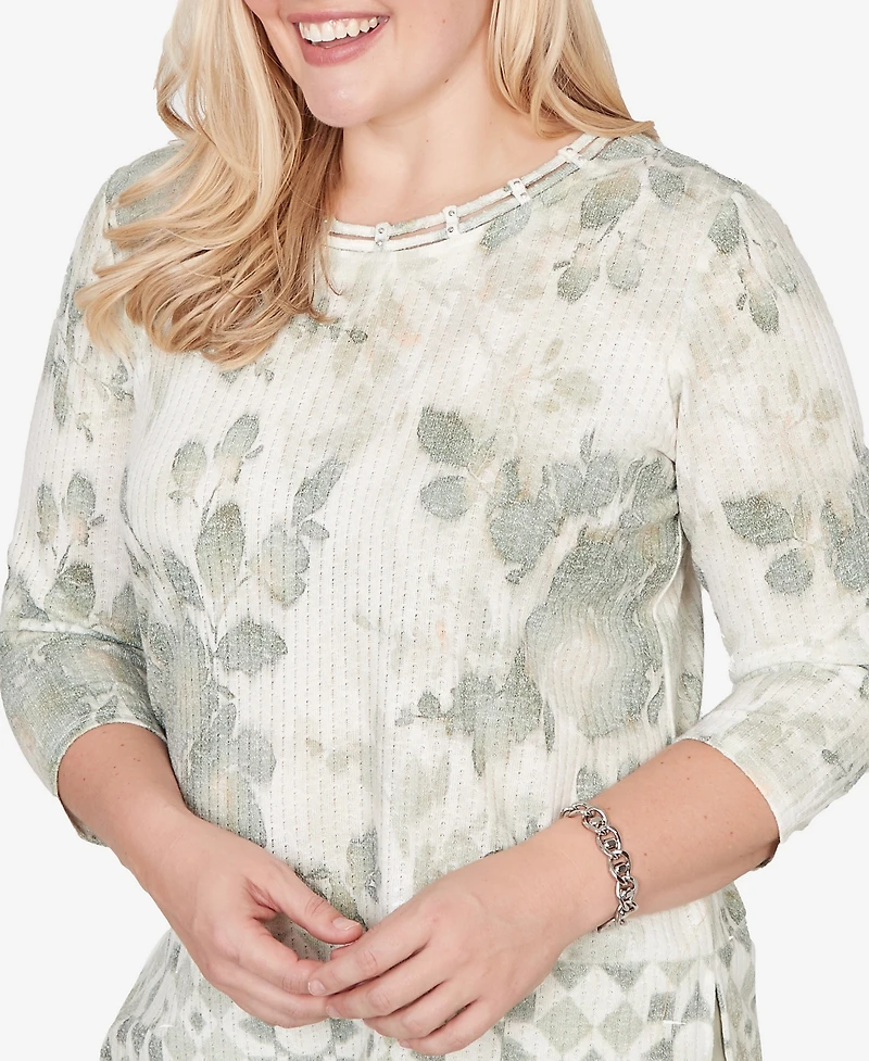 Alfred Dunner Petite Charm Floral Tonal Border Embellished Crew Neck Top