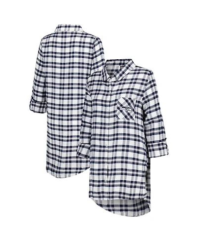 Concepts Sport Women's College Navy Seattle Seahawks Sienna Plaid Full-Button Long Sleeve Nightshirt