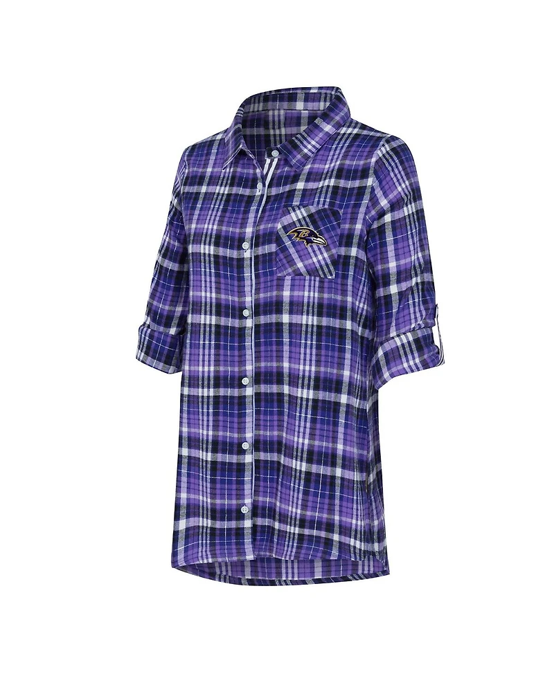 Concepts Sport Women's Purple Baltimore Ravens Laney Plaid Tri-Blend Full-Button Nightshirt