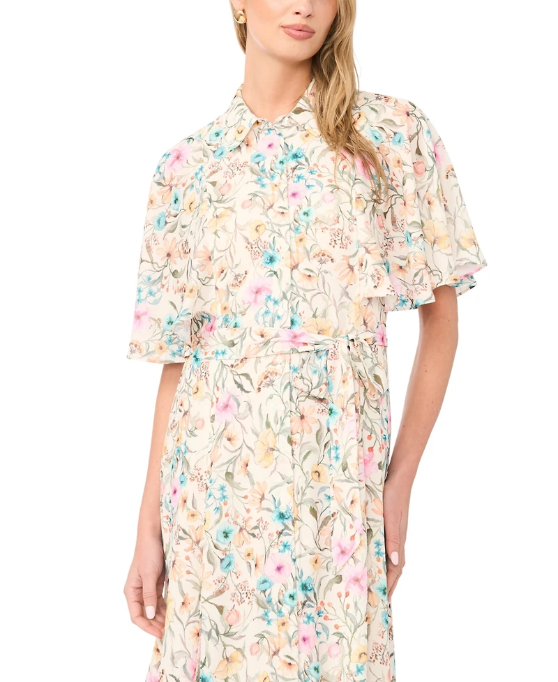Vince Camuto Women's Flutter-Sleeve Princess Seam Button-Up Shirt Dress